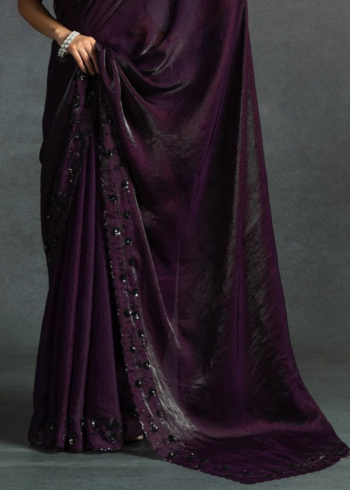 Eggplant Purple Two Tone Satin Silk Saree with Intricate Zarkan & cut work Border - House of Sarvati LLC