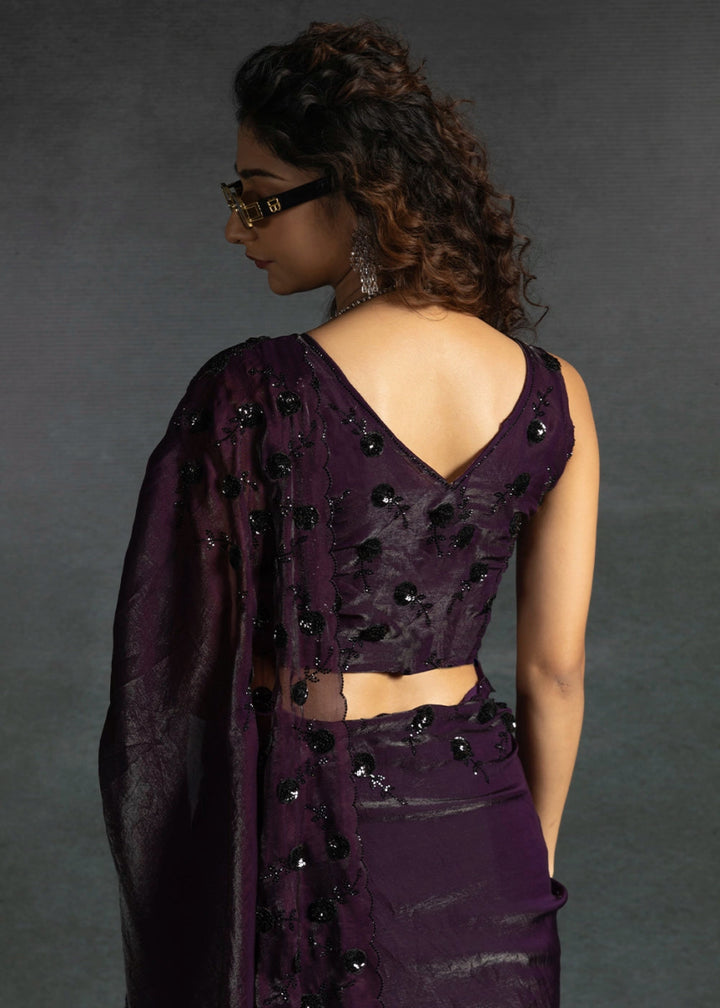 Eggplant Purple Two Tone Satin Silk Saree with Intricate Zarkan & cut work Border - House of Sarvati LLC