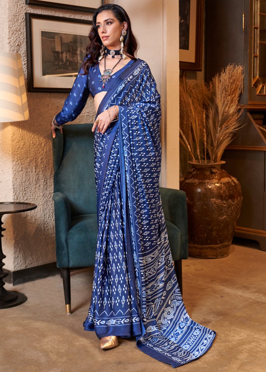 Egyptian Blue Satin Crepe Saree with Traditional Patola Print - House of Sarvati LLC