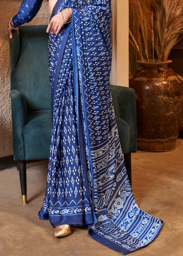 Egyptian Blue Satin Crepe Saree with Traditional Patola Print - House of Sarvati LLC