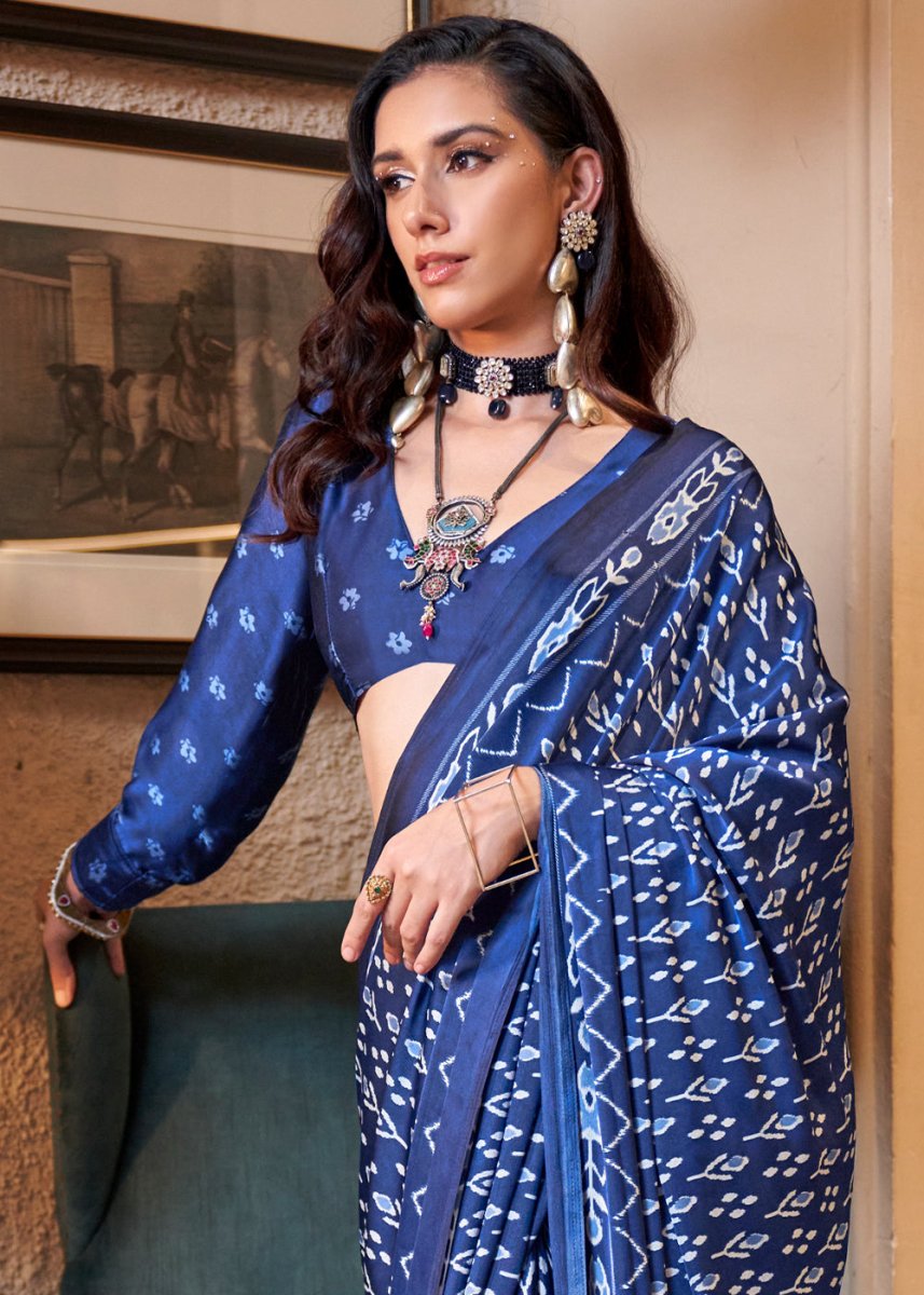 Egyptian Blue Satin Crepe Saree with Traditional Patola Print - House of Sarvati LLC
