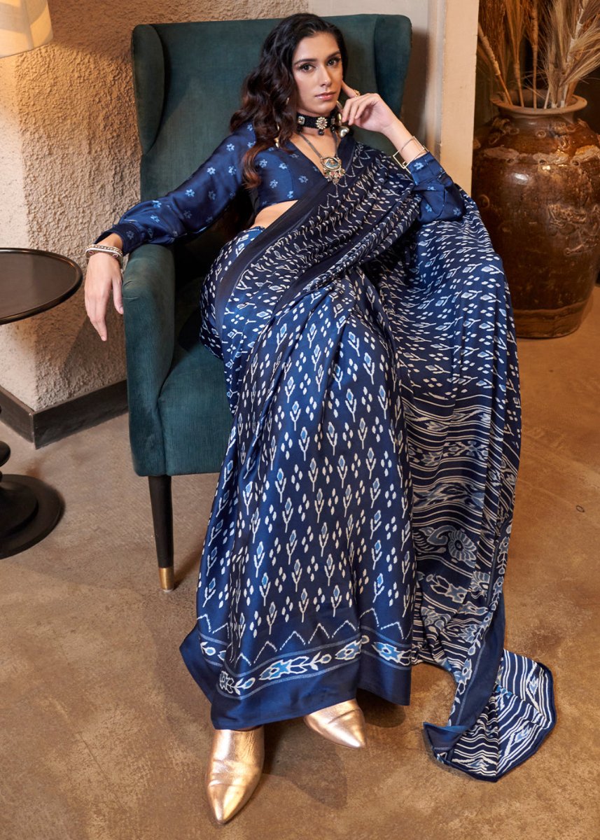Egyptian Blue Satin Crepe Saree with Traditional Patola Print - House of Sarvati LLC