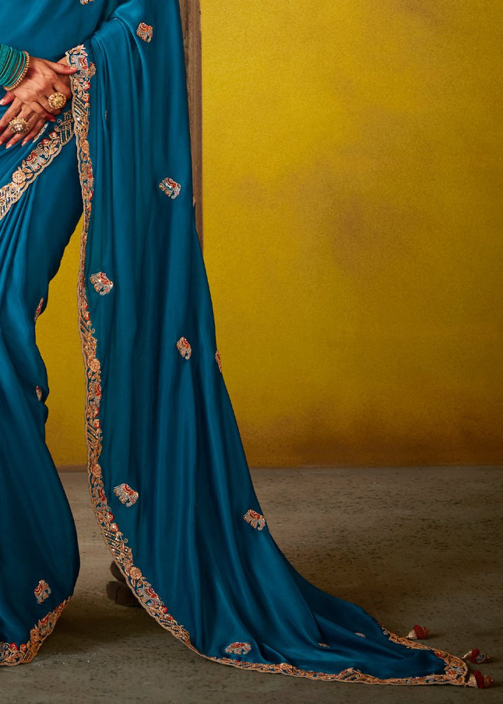 Egyptian Blue Tissue Silk Saree with Stunning Sequins and Thread Embroidery work - House of Sarvati LLC