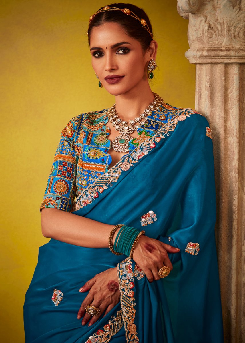 Egyptian Blue Tissue Silk Saree with Stunning Sequins and Thread Embroidery work - House of Sarvati LLC
