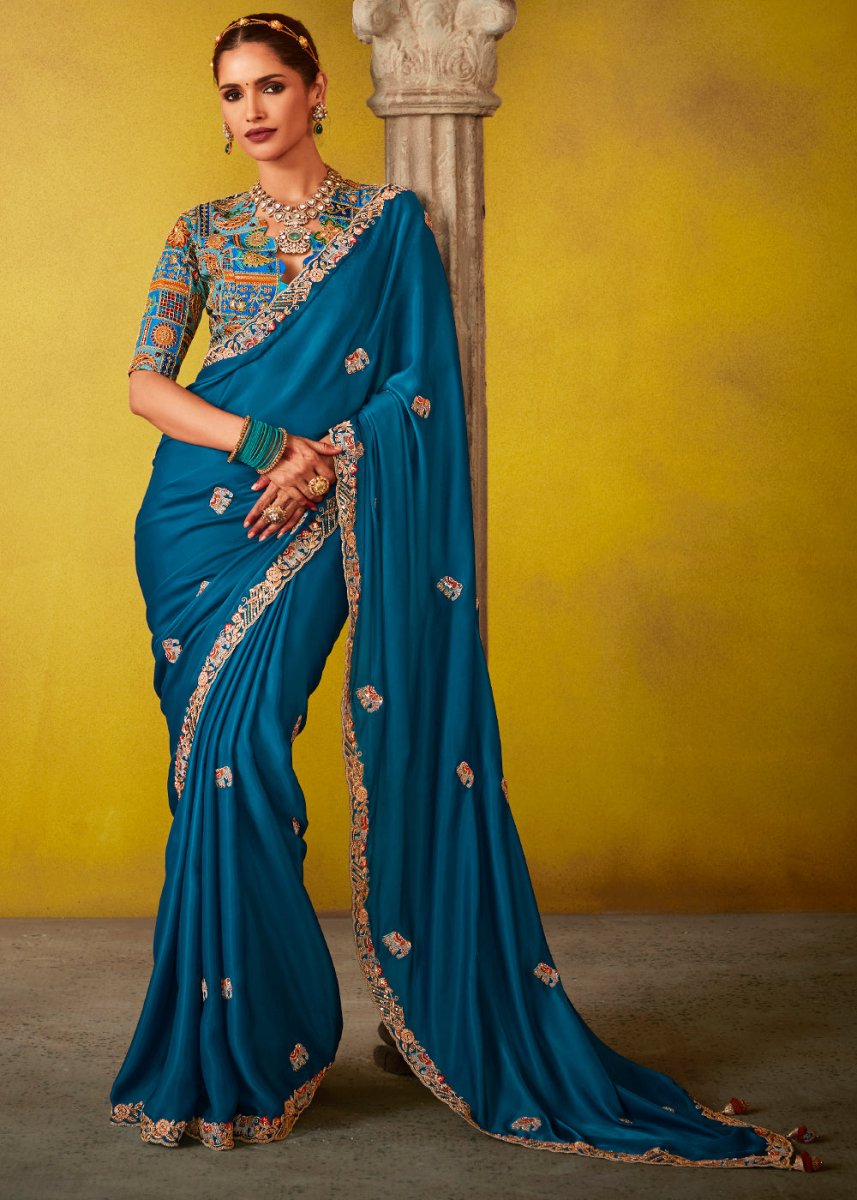 Egyptian Blue Tissue Silk Saree with Stunning Sequins and Thread Embroidery work - House of Sarvati LLC