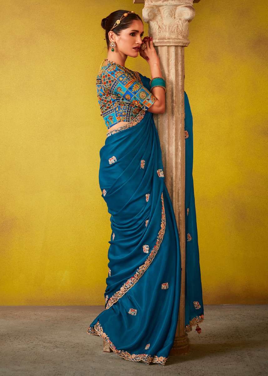Egyptian Blue Tissue Silk Saree with Stunning Sequins and Thread Embroidery work - House of Sarvati LLC