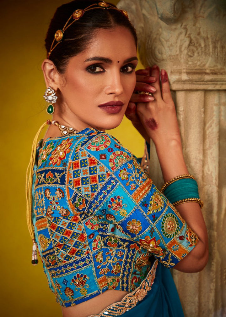 Egyptian Blue Tissue Silk Saree with Stunning Sequins and Thread Embroidery work - House of Sarvati LLC