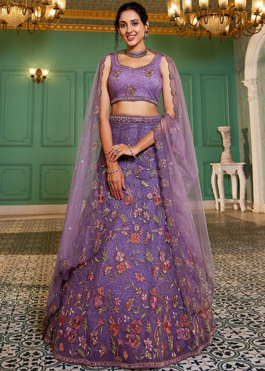Electric Purple Net Lehenga Choli with Coding & Zarkan Work - House of Sarvati LLC