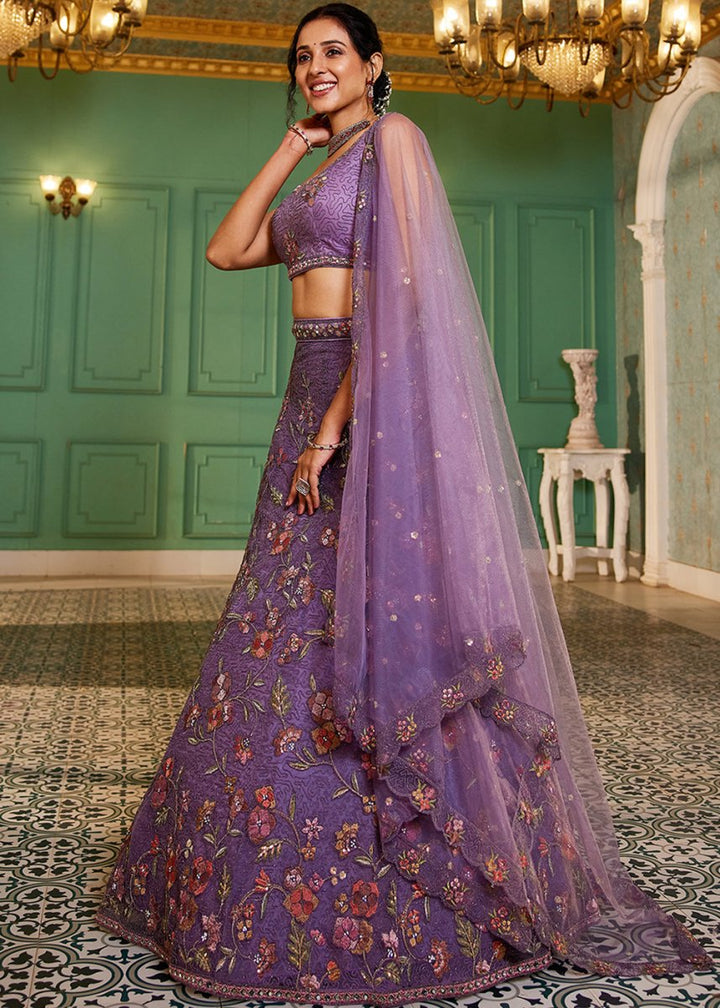 Electric Purple Net Lehenga Choli with Coding & Zarkan Work - House of Sarvati LLC