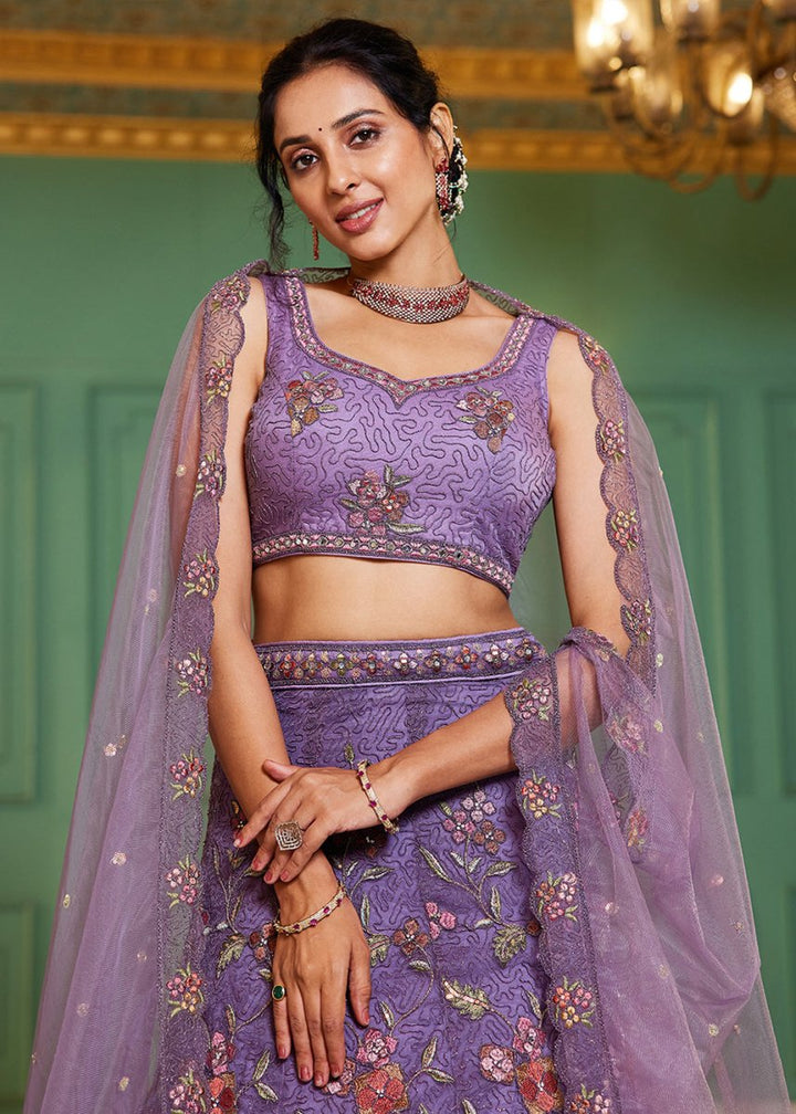 Electric Purple Net Lehenga Choli with Coding & Zarkan Work - House of Sarvati LLC