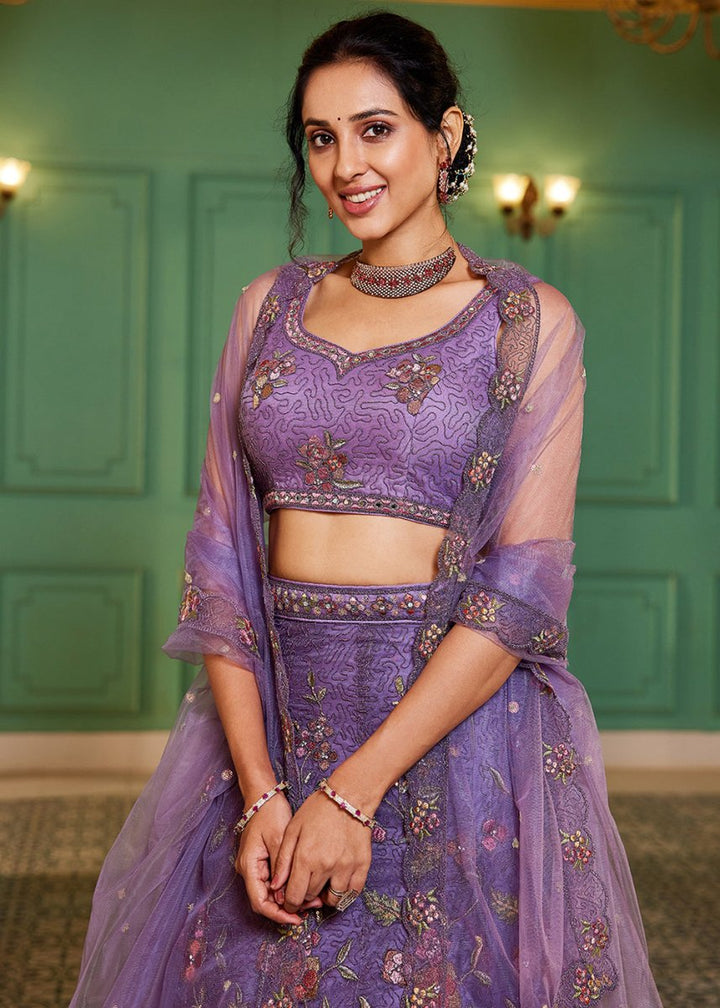 Electric Purple Net Lehenga Choli with Coding & Zarkan Work - House of Sarvati LLC