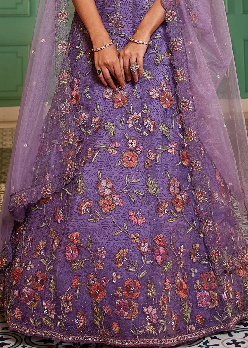 Electric Purple Net Lehenga Choli with Coding & Zarkan Work - House of Sarvati LLC