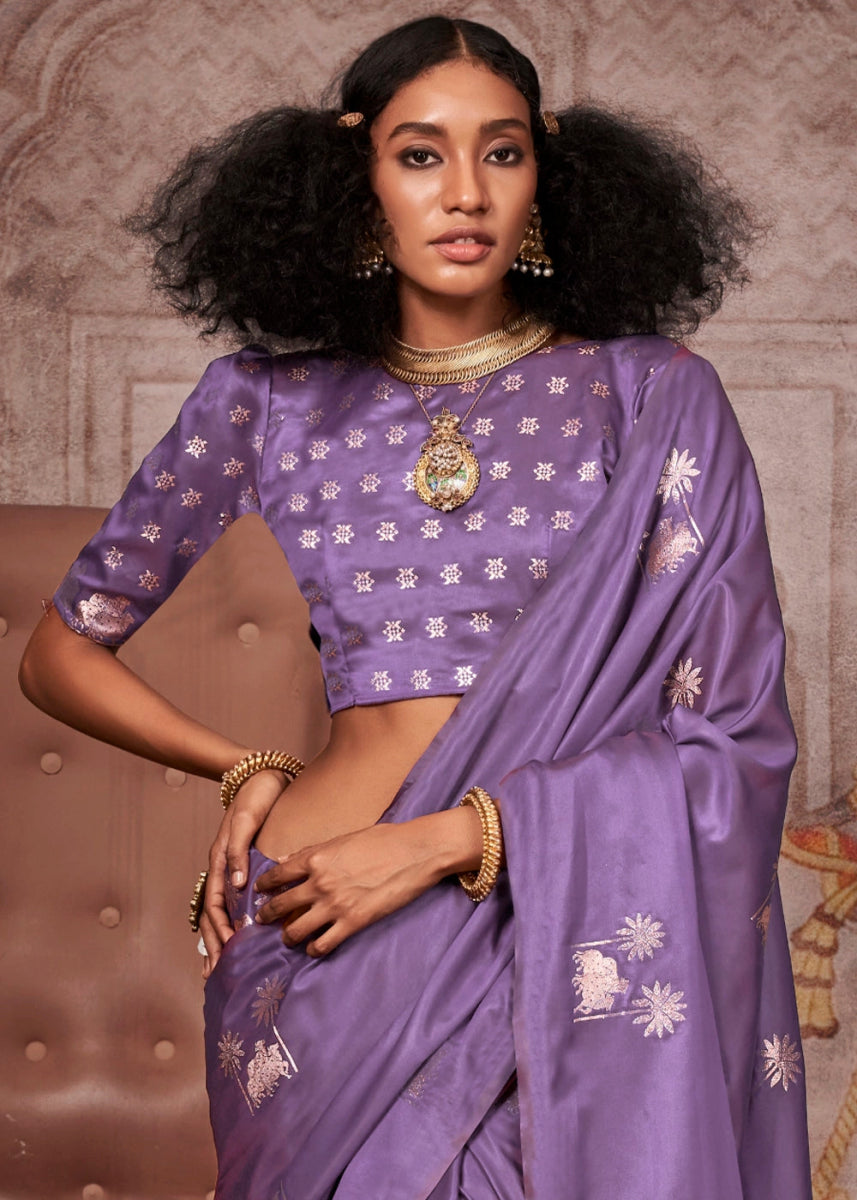 Electric Purple Zari Woven Satin Silk Banarasi Saree with Brocade Blouse - House of Sarvati LLC
