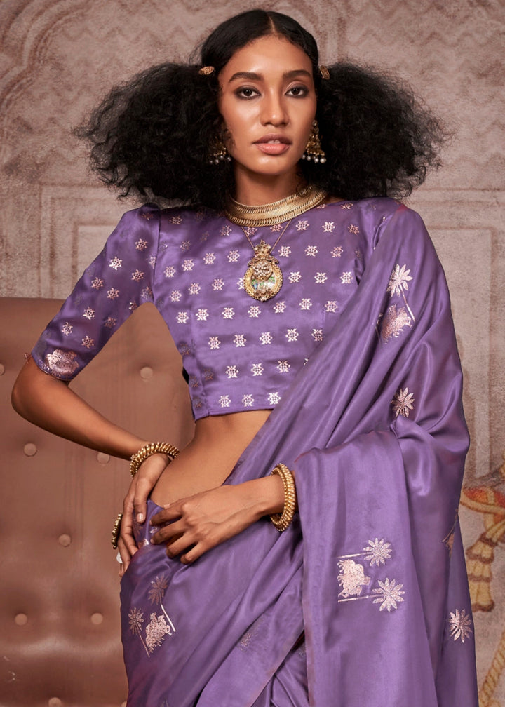 Electric Purple Zari Woven Satin Silk Banarasi Saree with Brocade Blouse - House of Sarvati LLC