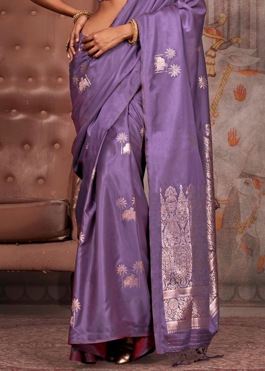 Electric Purple Zari Woven Satin Silk Banarasi Saree with Brocade Blouse - House of Sarvati LLC