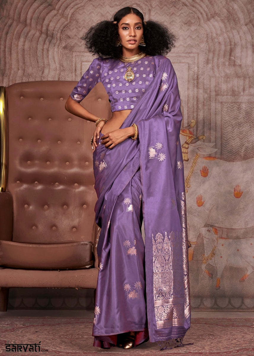 Electric Purple Zari Woven Satin Silk Banarasi Saree with Brocade Blouse - House of Sarvati LLC