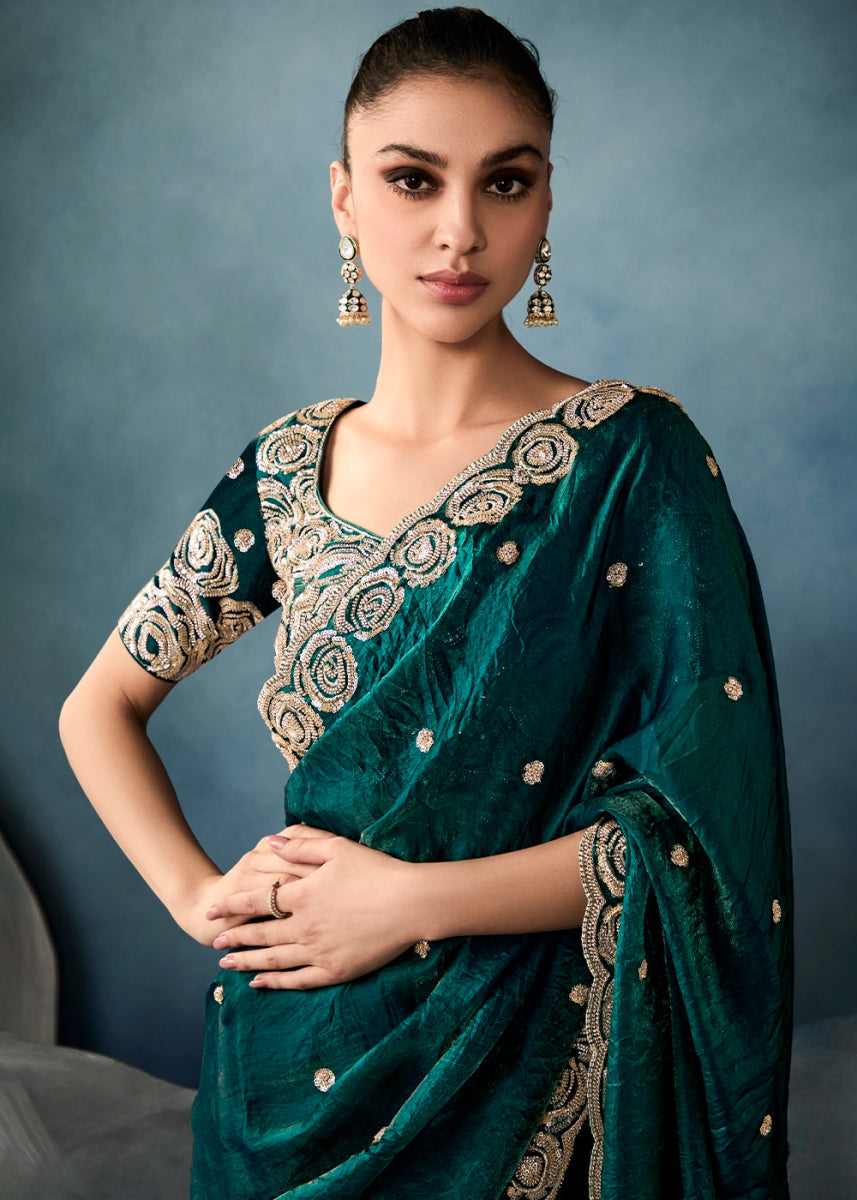 Elite Teal Green Designer Saree in Tissue Fabric with Hand Embroidery - House of Sarvati LLC