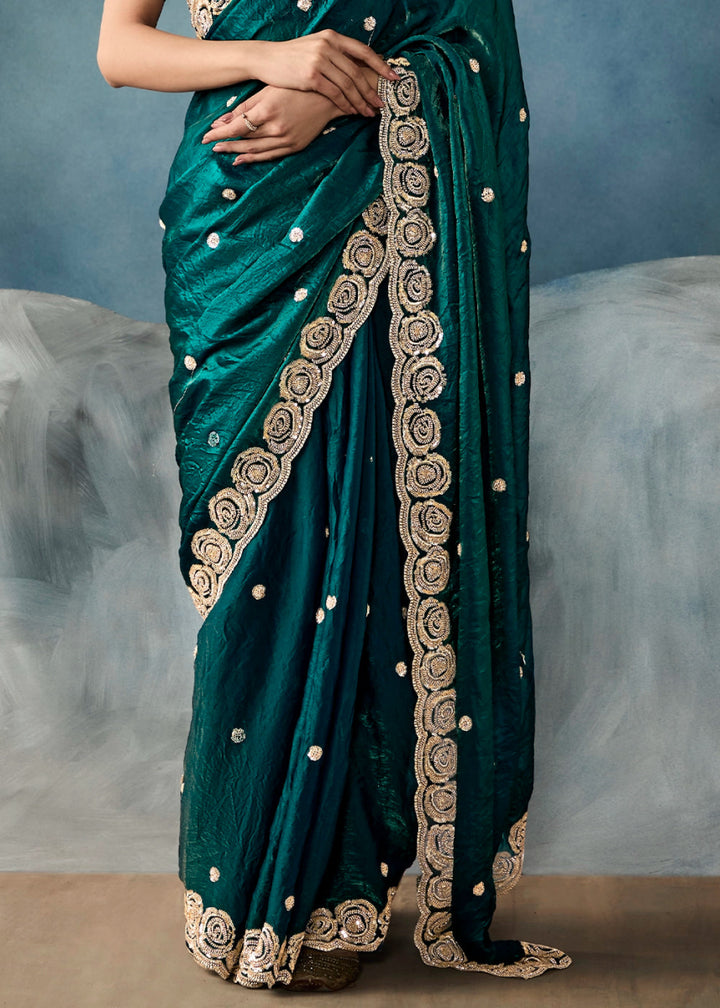 Elite Teal Green Designer Saree in Tissue Fabric with Hand Embroidery - House of Sarvati LLC
