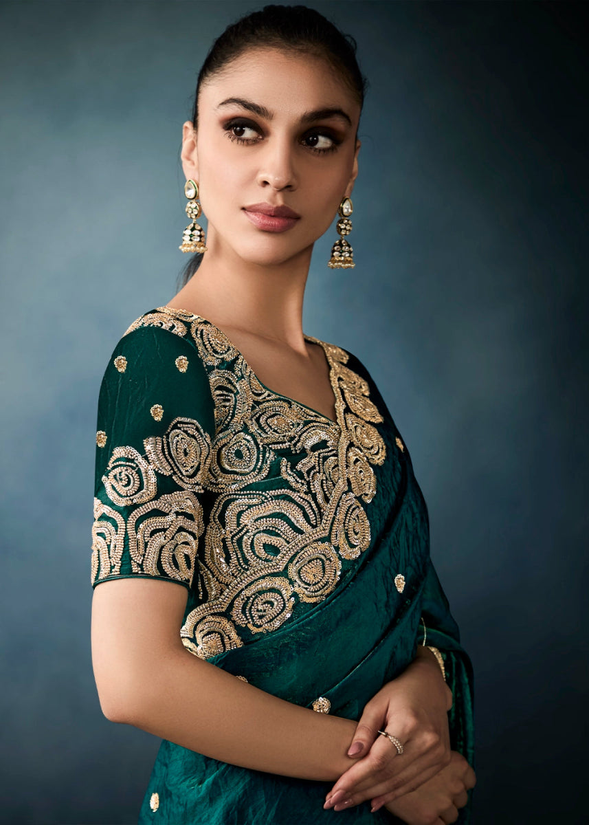 Elite Teal Green Designer Saree in Tissue Fabric with Hand Embroidery - House of Sarvati LLC