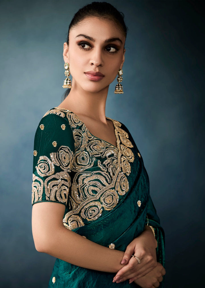 Elite Teal Green Designer Saree in Tissue Fabric with Hand Embroidery - House of Sarvati LLC