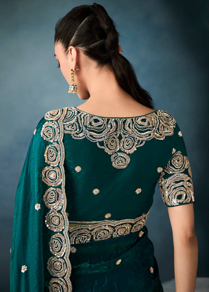 Elite Teal Green Designer Saree in Tissue Fabric with Hand Embroidery - House of Sarvati LLC