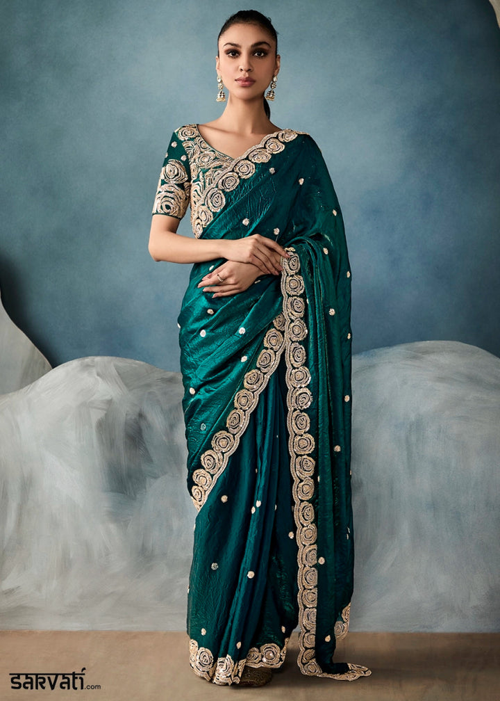 Elite Teal Green Designer Saree in Tissue Fabric with Hand Embroidery - House of Sarvati LLC