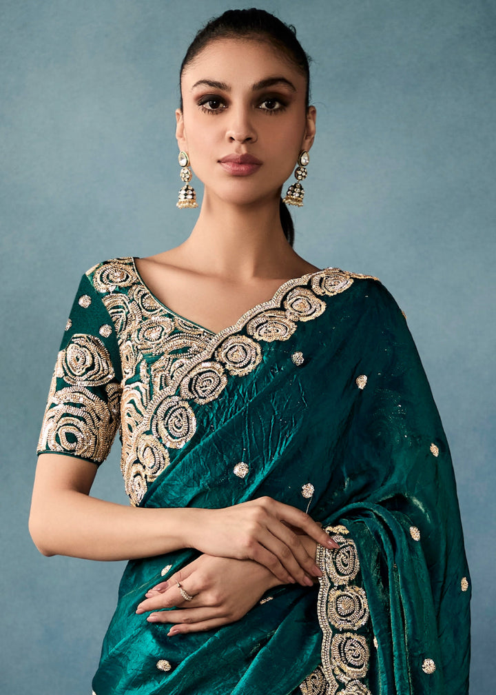Elite Teal Green Designer Saree in Tissue Fabric with Hand Embroidery - House of Sarvati LLC