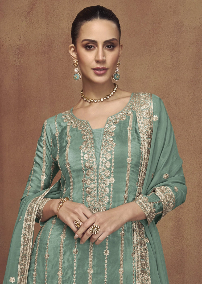 Emerald Green Festive Palazzo Suit in Soft Simar Silk with Embellishments - House of Sarvati LLC