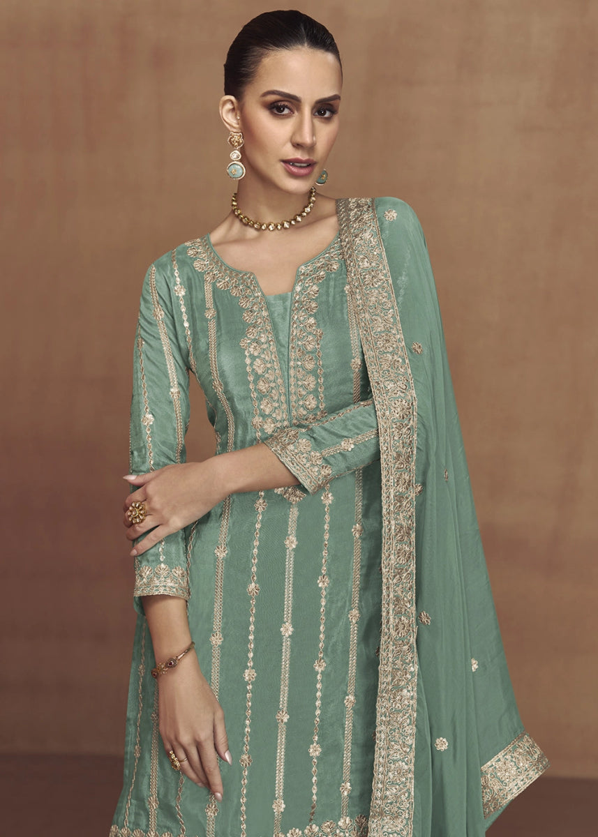 Emerald Green Festive Palazzo Suit in Soft Simar Silk with Embellishments - House of Sarvati LLC