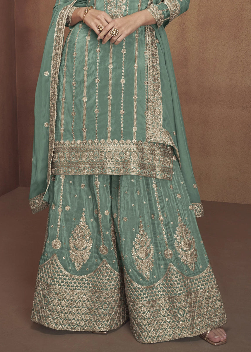 Emerald Green Festive Palazzo Suit in Soft Simar Silk with Embellishments - House of Sarvati LLC