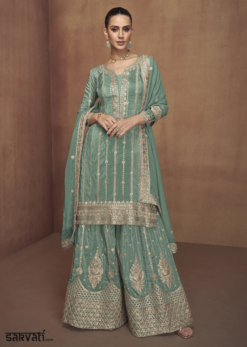 Emerald Green Festive Palazzo Suit in Soft Simar Silk with Embellishments - House of Sarvati LLC