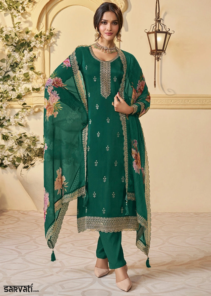 Emerald Green Munga Silk Suit with Shimmering Sequin Embellishments - House of Sarvati LLC