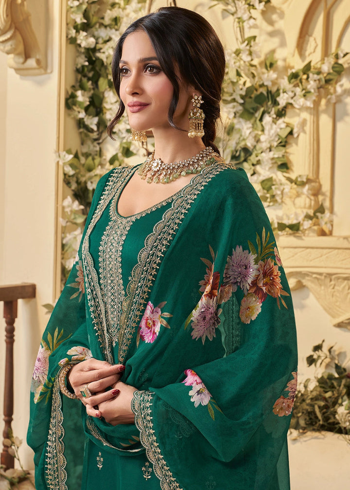Emerald Green Munga Silk Suit with Shimmering Sequin Embellishments - House of Sarvati LLC