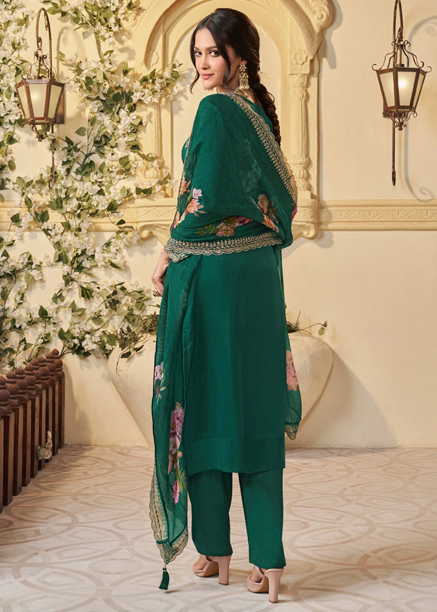 Emerald Green Munga Silk Suit with Shimmering Sequin Embellishments - House of Sarvati LLC