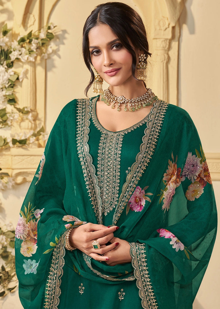 Emerald Green Munga Silk Suit with Shimmering Sequin Embellishments - House of Sarvati LLC