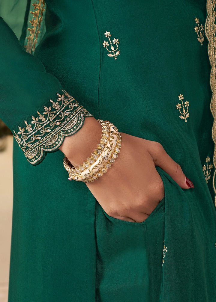 Emerald Green Munga Silk Suit with Shimmering Sequin Embellishments - House of Sarvati LLC