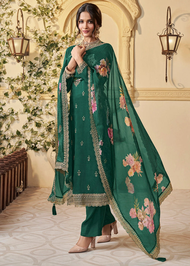 Emerald Green Munga Silk Suit with Shimmering Sequin Embellishments - House of Sarvati LLC