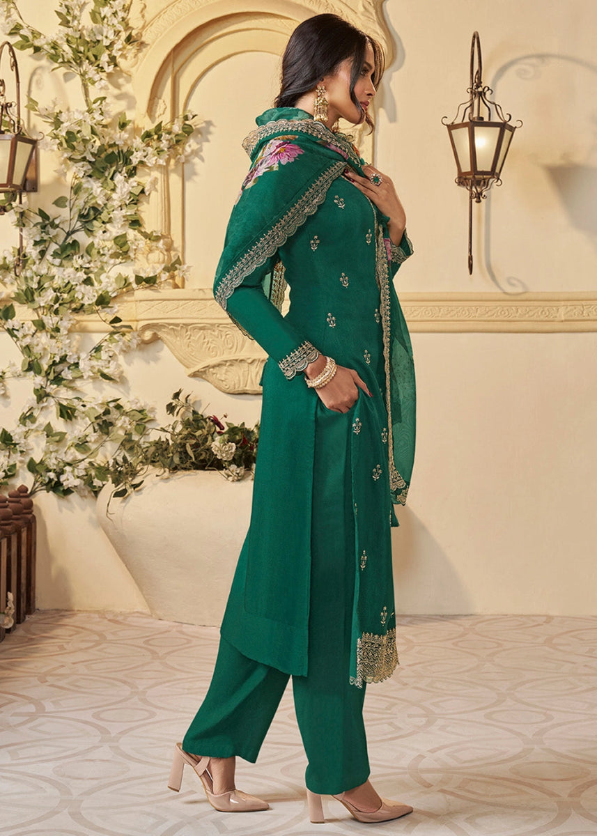 Emerald Green Munga Silk Suit with Shimmering Sequin Embellishments - House of Sarvati LLC