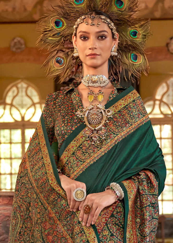 Emerald Green Silk Saree Featuring Exquisite Kashmiri Paisley Artwork - House of Sarvati LLC