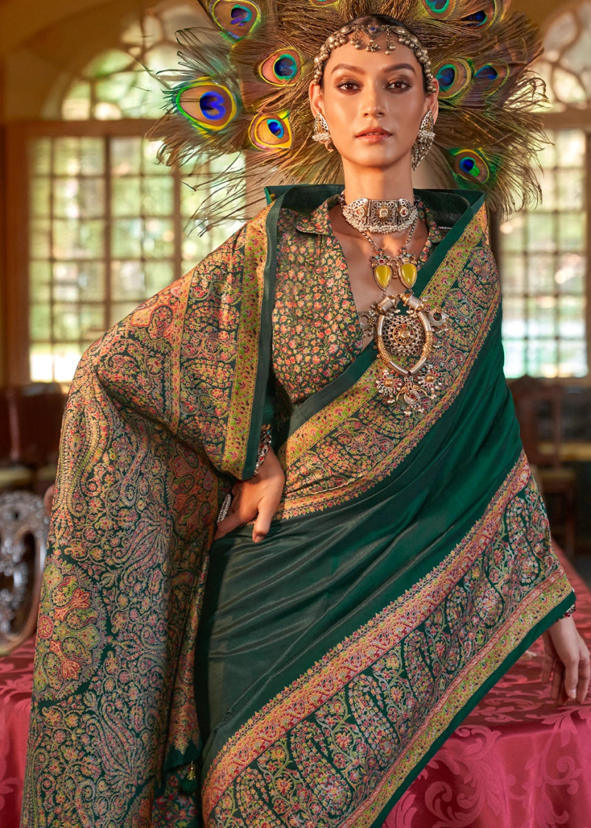 Emerald Green Silk Saree Featuring Exquisite Kashmiri Paisley Artwork - House of Sarvati LLC