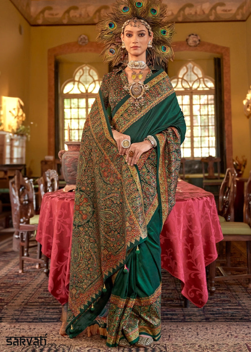 Emerald Green Silk Saree Featuring Exquisite Kashmiri Paisley Artwork - House of Sarvati LLC