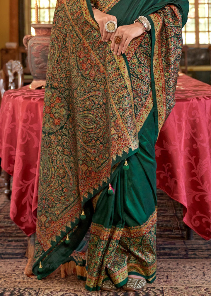 Emerald Green Silk Saree Featuring Exquisite Kashmiri Paisley Artwork - House of Sarvati LLC