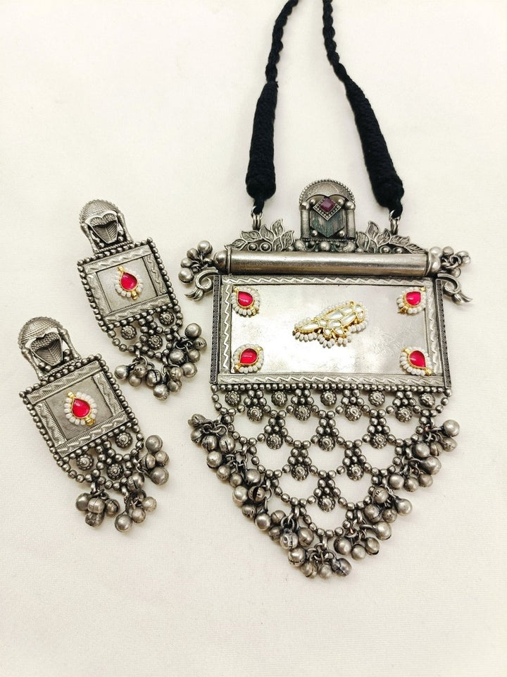 Eshanya Ruby Oxidized Pendant Set - House of Sarvati LLC