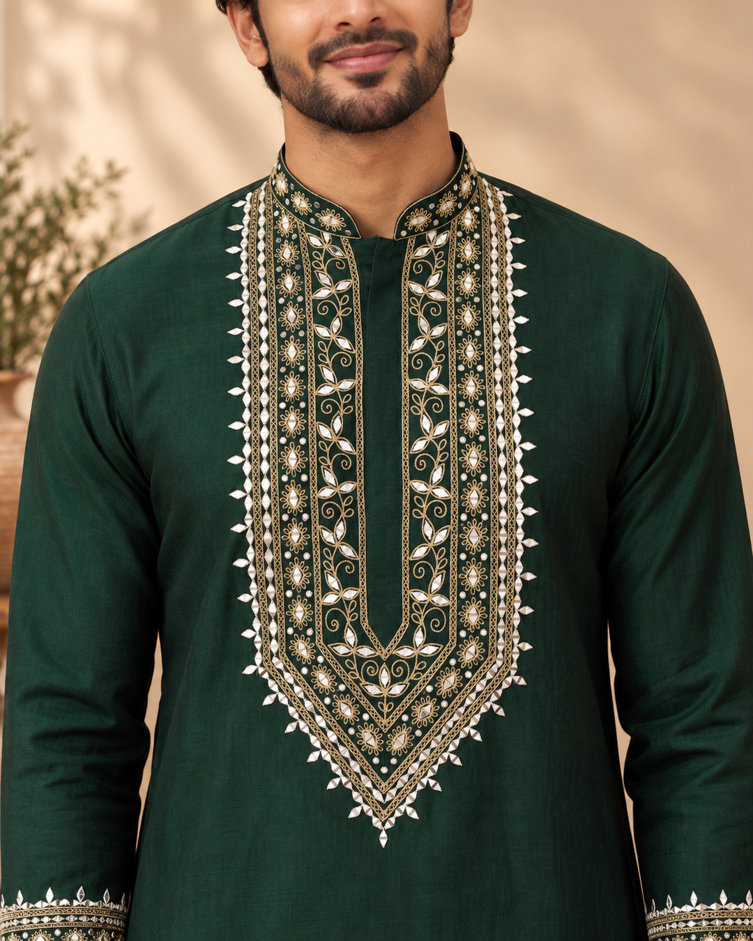 Dark Green Chanderi Silk Embroidered Kurta Patiala Set