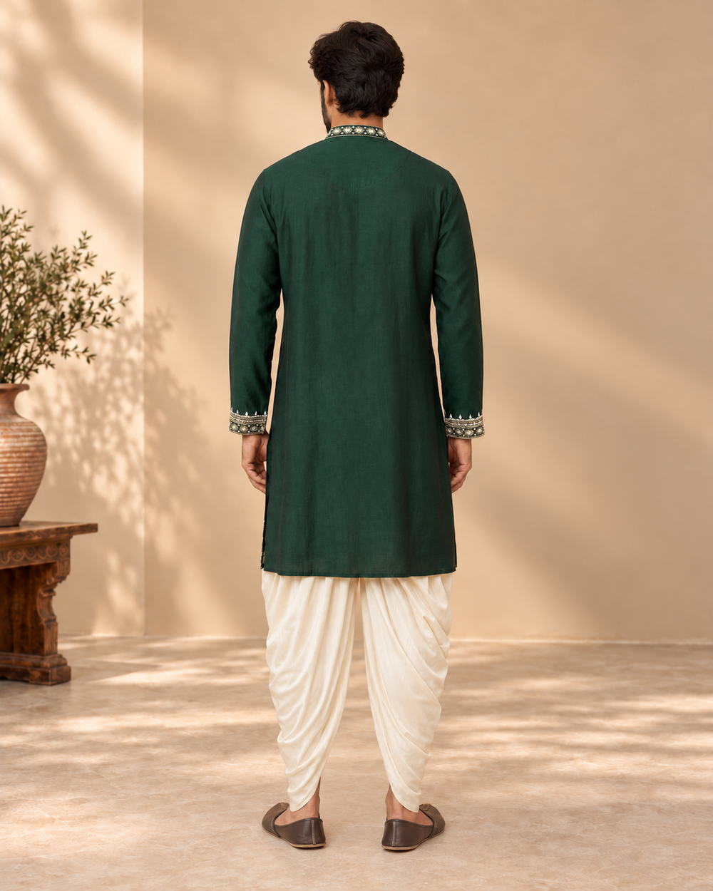 Dark Green Chanderi Silk Embroidered Kurta Patiala Set