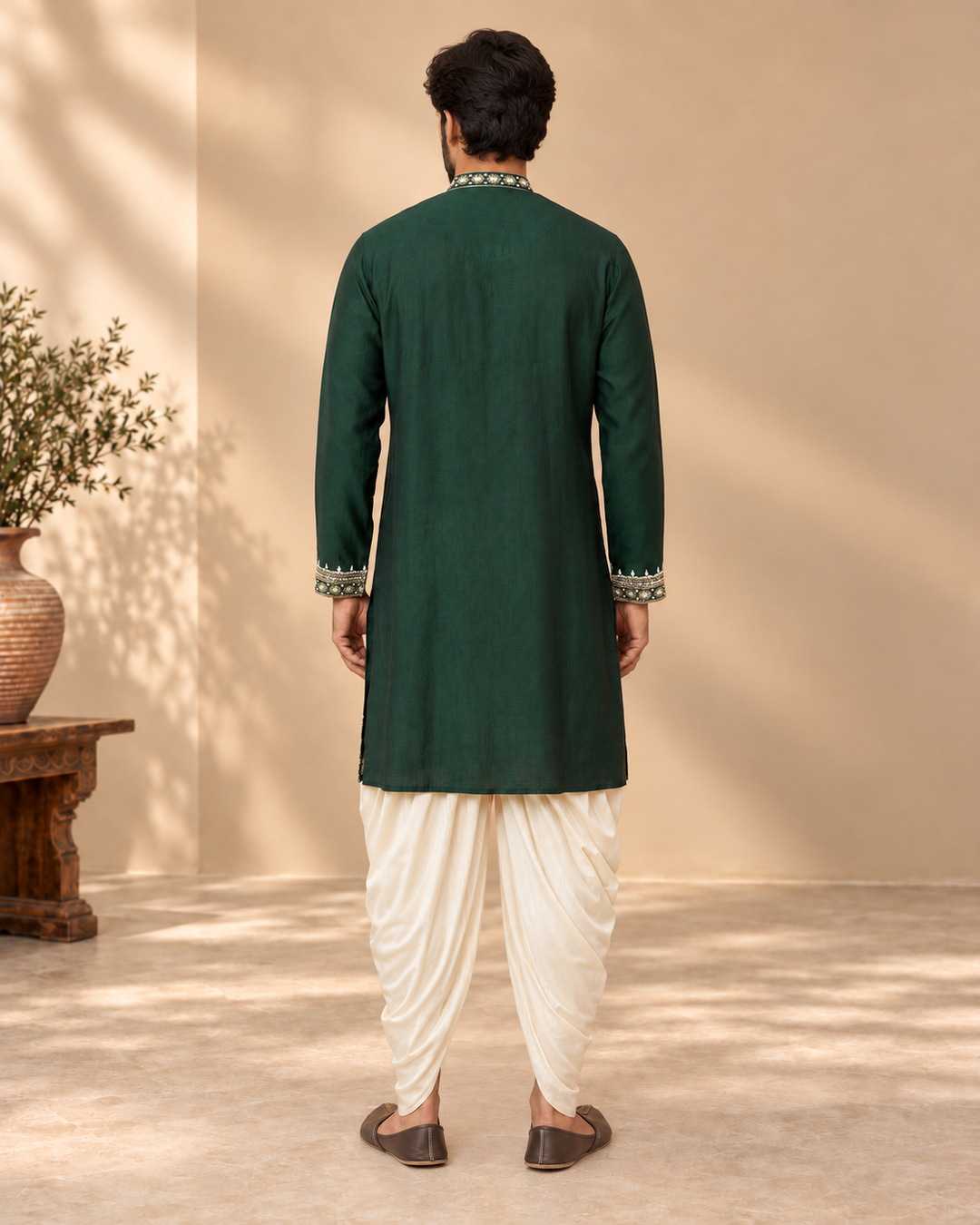Dark Green Chanderi Silk Embroidered Kurta Patiala Set