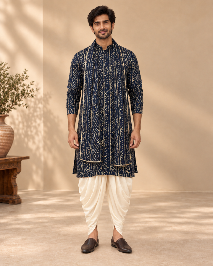 Denim Blue Rayon Bandhani Ethnic Kurta Set