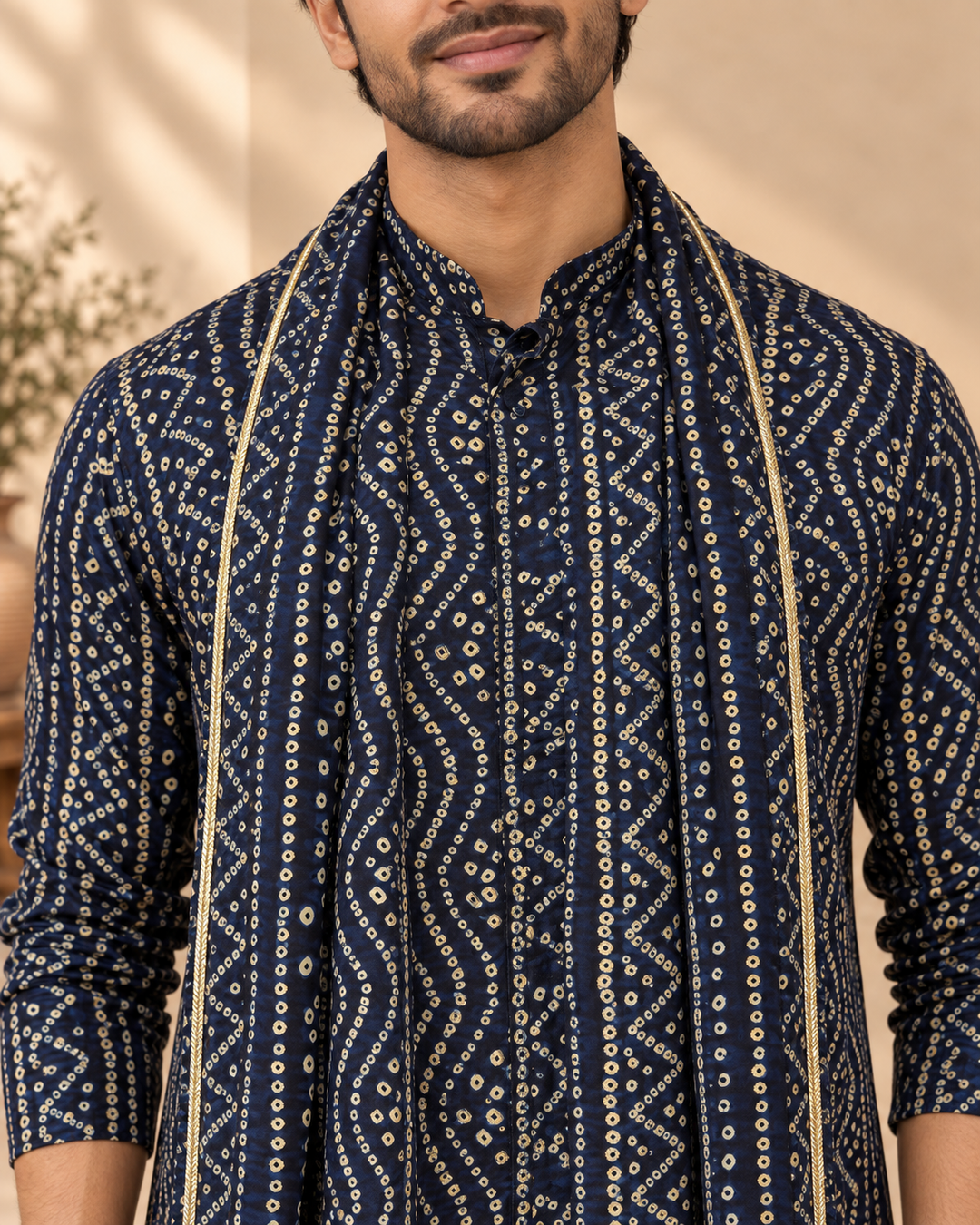 Denim Blue Rayon Bandhani Ethnic Kurta Set