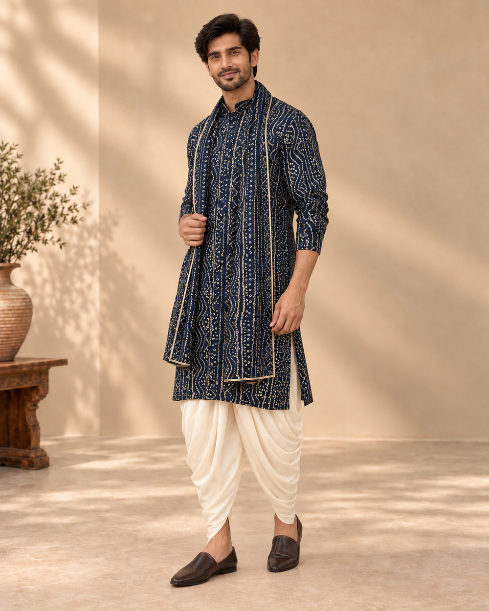 Denim Blue Rayon Bandhani Ethnic Kurta Set