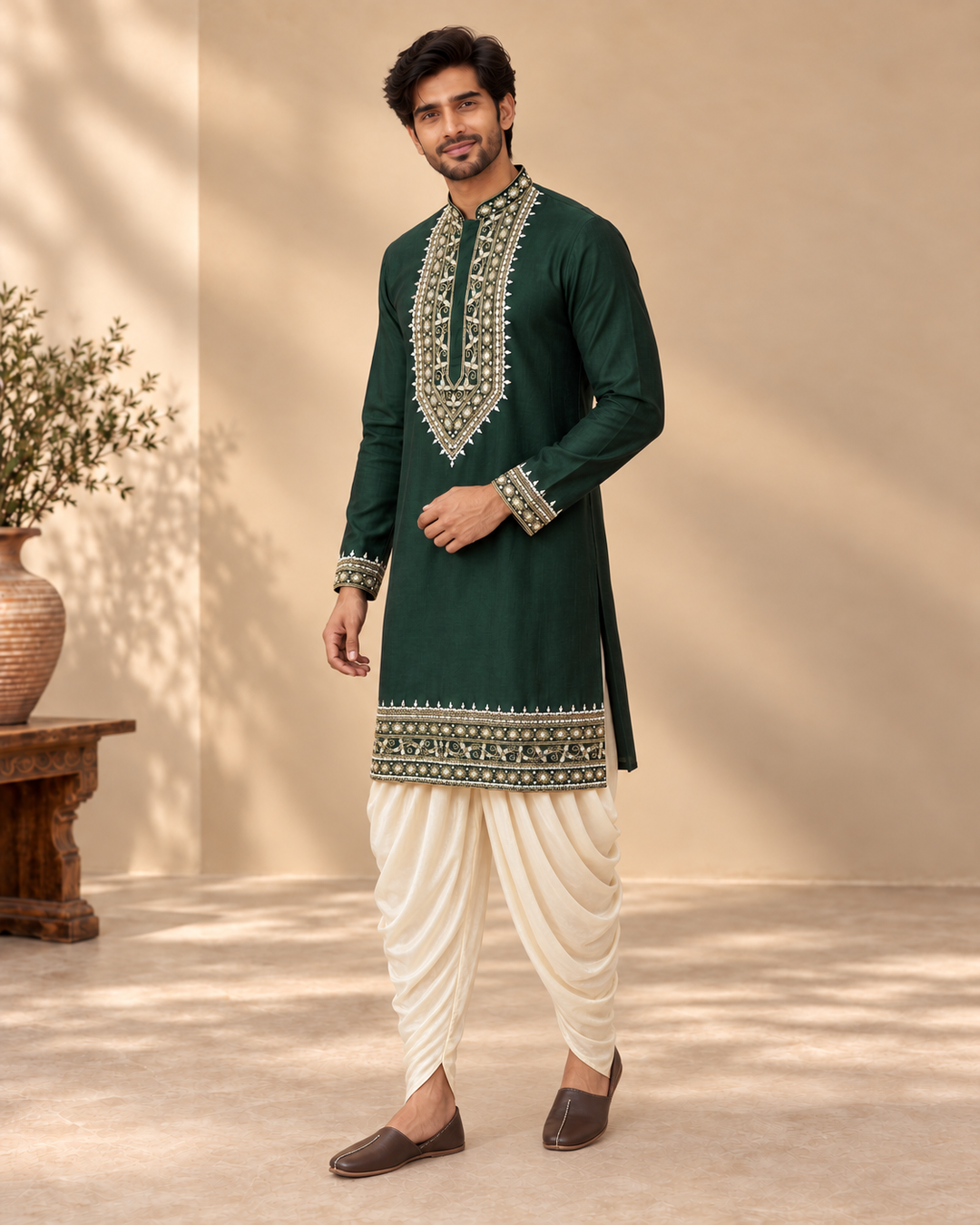 Dark Green Chanderi Silk Embroidered Kurta Patiala Set